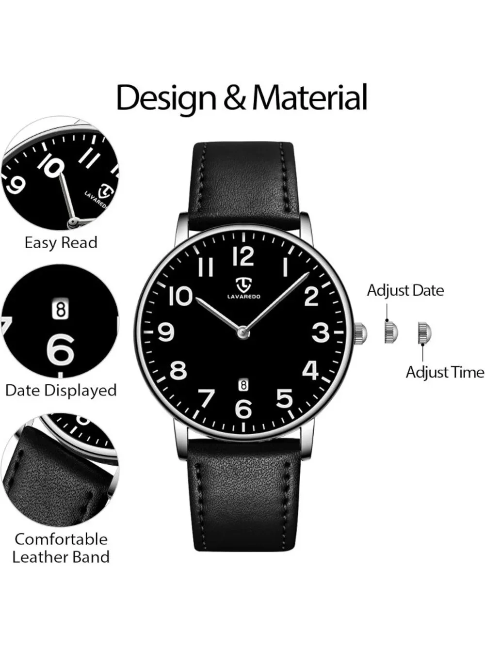 Men's Silver Black Leather Strap Analog Minimalist Fashion Simple Wrist Watch
